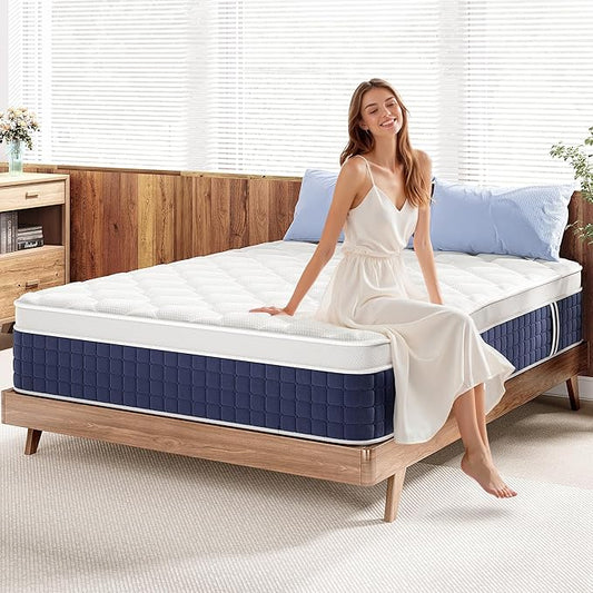 12 Inch Hybrid Queen Mattress in a Box, Gel Memory Foam, Individually Wrapped Springs, Medium Firm, Edge Support, Motion Isolation, Pressure Relief, CertiPUR-US Certified, Blue & White