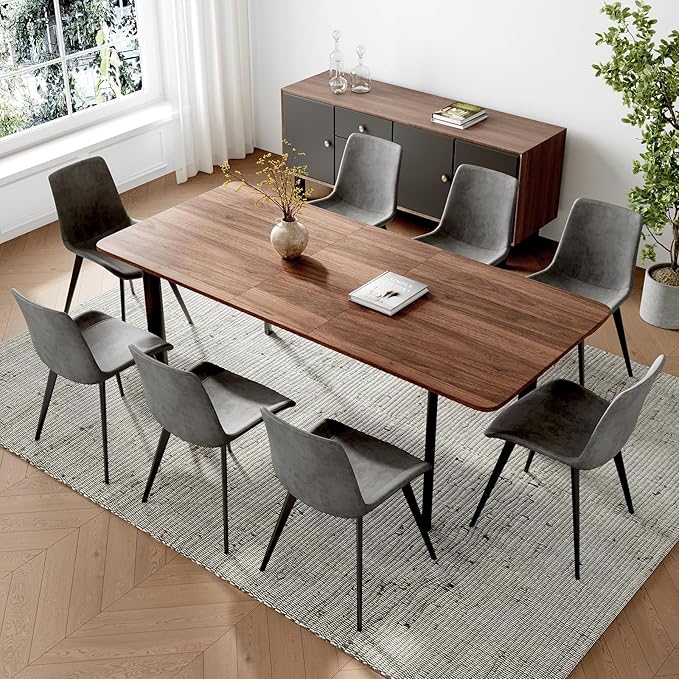 9PCS 63"- 78.7" Extendable Dining Table Set, Kitchen Table with PU Leather Dining Chairs for 6-8 Person, Thickened Expandable MDF Wooden Table with Metal Legs