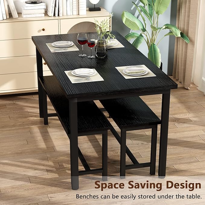 AWQM Dining Table Set with Two Benches, Kitchen Table Set for 4-6 Persons, Kitchen Table of 47.2 x 28.7 x 28.7 Inches, Bench of 41.3 x 11.8 x 17.7 Inches Each, Black