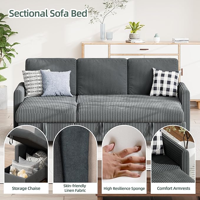Sofa Bed Sleeper Pull Out 2 in 1 Sectional Sleeper Sofa Couches with Storage, Pullout Sectional Couches for Apartment Living Room