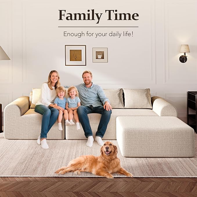 105.5” Cloud Boneless Sectional Sofa for Living Room, L-Shaped 4-Seater Modular Couch with Ottoman & 4 Pillows, Deep Seat Chenille Fabric Sofa, No Assembly, 72H Full Restore, Beige