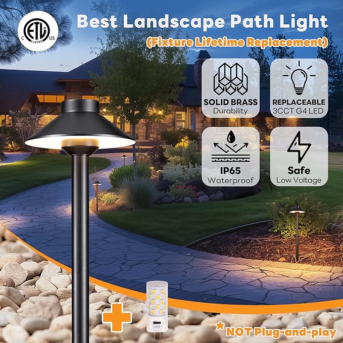 Low Voltage Landscape Path Light Solid Brass, 3 Color Temp Selectable LED Driveway Light Waterproof, Hat Shaped 12V Wired Black for Walkway Garden with 3W 270LM G4 Bulb (12 Pack)