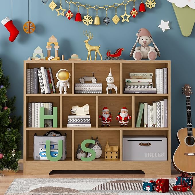 Kids Book Shelf Set of 2, 10 Cubes Storage Organizer Montessori Bookshelf, 3-Tier Wooden Kids Bookcase, Toy Storage Organizer for Children, Wooden Toddler Bookshelf Cube Shelf for Kid’s Room