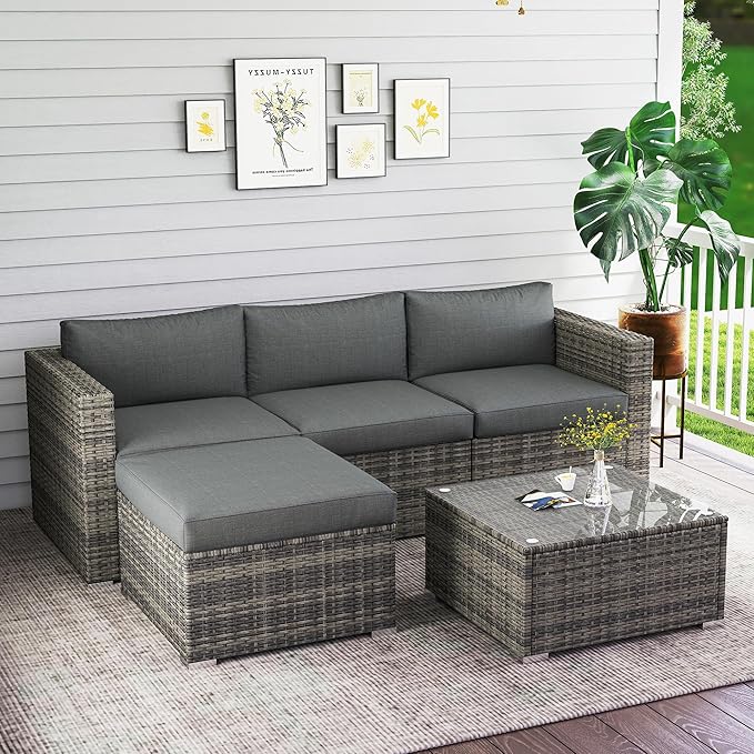 Wisteria Lane 5-Pieces Outdoor Patio Furniture Set, All Weather Wicker Rattan Sectional Sofa Conversation Set with Cushions & Glass Coffee Table for Backyard Porch Garden Balcony, Grey