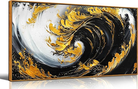 SIXTTART Abstract Black and White Wall Art for Living Room - Gold Modern Wall Art for Office - Framed Canvas Wall Art for Bedroom Size 20" x 40"