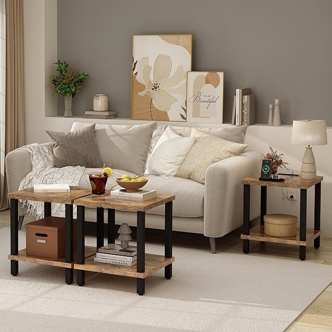 Large End Table Square Side Table with Charging Station Modern Sofa Table 20 Inch Industrial Coffee Table NightStand with 2-Tier Storage Shelf for Living Room Bedroom Rustic Brown MLBZ06RE