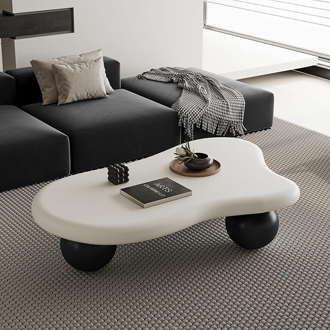 47 Inch Cloud Shaped Coffee Table with 3 Ball Legs for Living Room White Top Black Legs