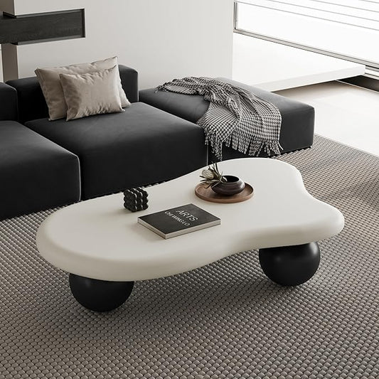 47 Inch Cloud Shaped Coffee Table with 3 Ball Legs for Living Room White Top Black Legs