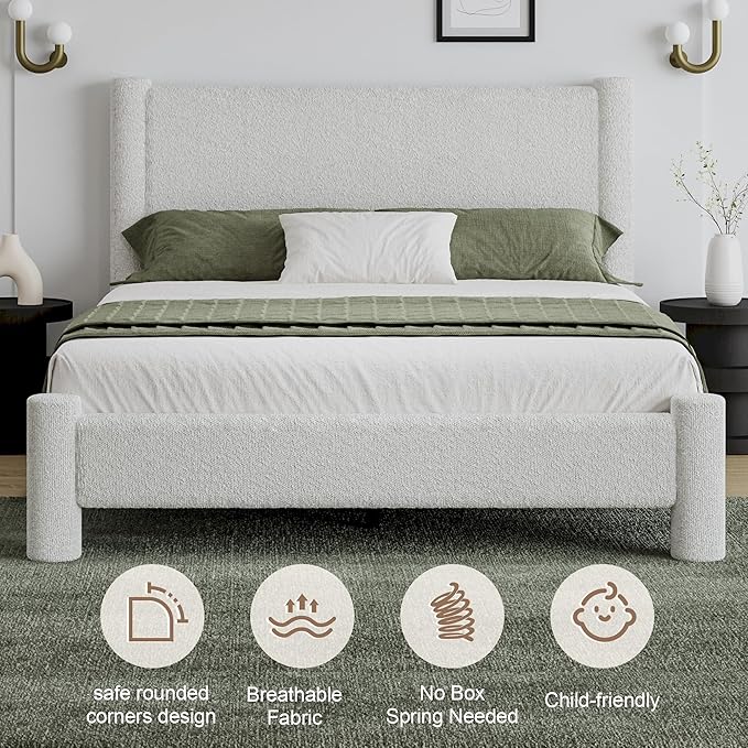 Queen Size Bed Frame, Boucle Upholstered Platform Bed with Headboard and Footboard, Soft Rounded Corners, No Box Spring Required, Easy Assembly, White