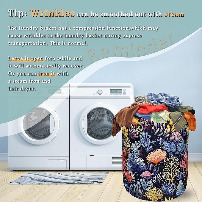 Colorful Coral Laundry Basket Foldable With Handles Tote Bag Oxford Cloth Marine Life Funny Laundry Hamper 18.9" x 16.5" Clothes Storage Bucket Toy Organizer For Bathroom/Laundry/Bedroom