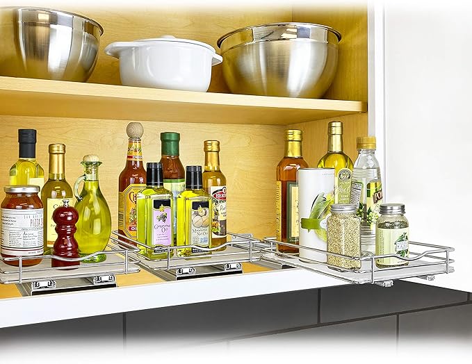 LYNK PROFESSIONAL® Pull Out Spice Rack Organizer for Inside Kitchen Cabinets - 8-1/4 inch Wide - Slide Out Drawer – Chrome Sliding Spice Cabinet Organization Shelf Racks - 1 Tier