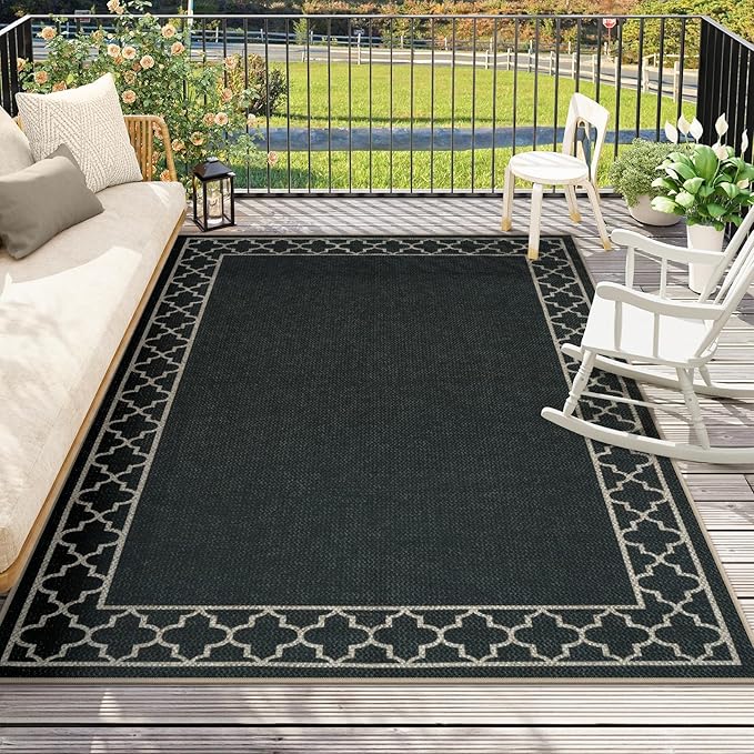 OJIA Easy Jute Outdoor Area Rug 8x10, Large Patio Rug Washable Living Room Rug Farmhouse Indoor Outdoor Carpet Bordered Modern Non-Slip Black Rugs for Bedroom Backyard Deck Decor