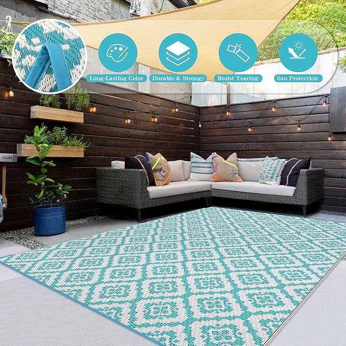 Wallona Outdoor Rugs 8x10 ft Patio Waterproof Clearance Indoor Outdoor Large Carpet for Patio Plastic Straw Reversible Area Rugs Mat for RV, Camping, Balcony, Beach, Picnic, Porch, Brick Green & White