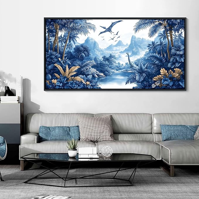 HKDGOKA Vintage Framed Wall Art - Large Landscape Wall Painting Jurassic era dinosaurs Black and White Canvas Print Artwork for Boy Bedroom Living Room Classroom Cool Modern Decor 29x58 IN