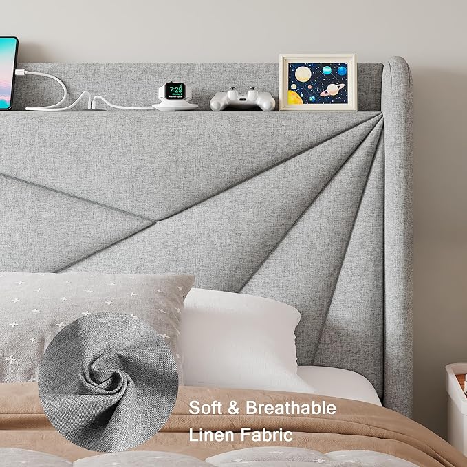 Twin Size Upholstered Bed Frame with Charging Station, Platform Bed Frame with Storage Headboard, Solid Wood Slats Support, No Box Spring Needed, Light Gray