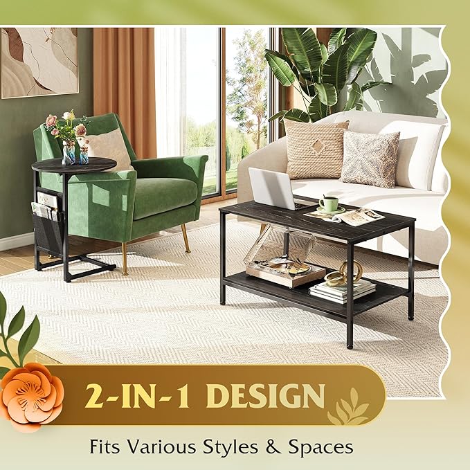 WLIVE Coffee Table, 31.3" and 18.7" Small Coffee Tables for Living Room, Modern Center Table and Side Table Set with Storage Side Pouch for Bedroom, Apartment, Charcoal Black