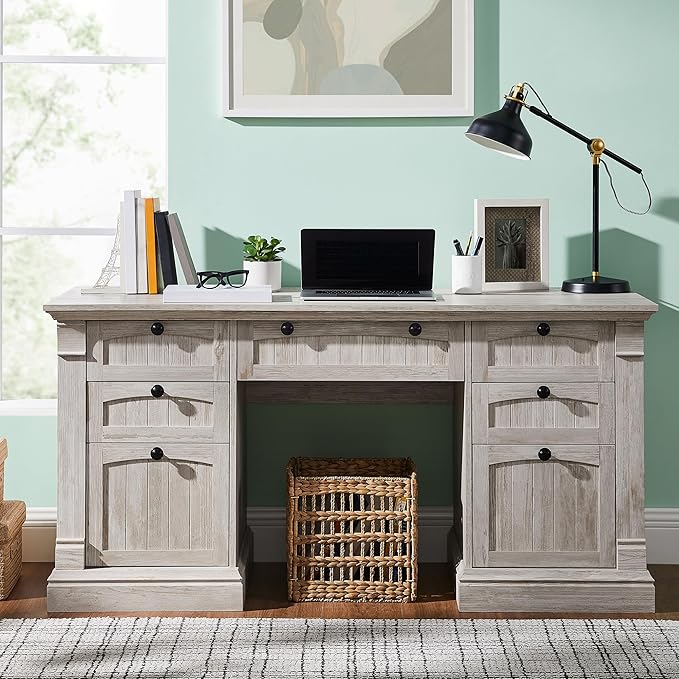 OKD 60" Executive Desk with Drawers, Farmhouse Home Office Desk with Charging Station, Keyboard Tray, File Cabinet Storage, Wood Computer Desk for Work and Study, Antique Brushed White