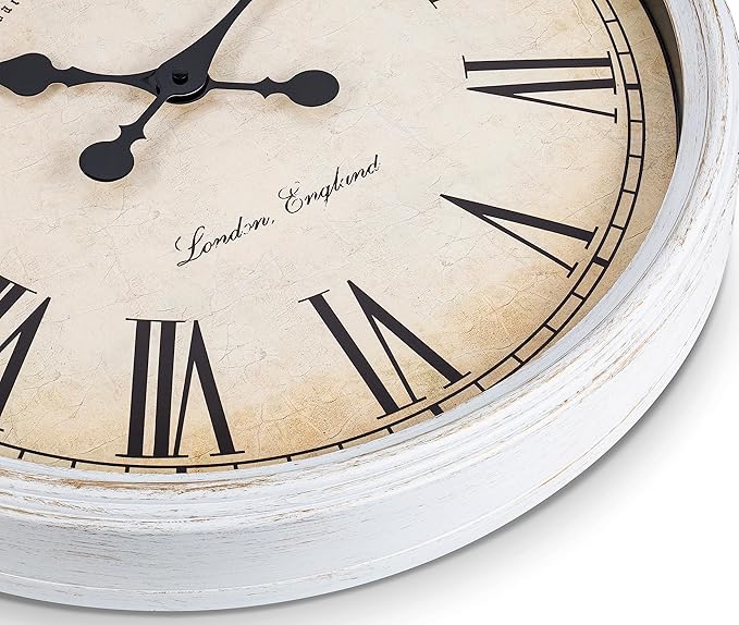 Bernhard Products Large Decorative Wall Clock 20 Inch Silent Non Ticking Battery Operated Quartz Vintage Stylish with Rustic White Rim for Home Living/Dining Room Kitchen & Over Fireplace