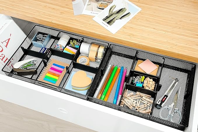 CAXXA Mesh 3 Slot Desk Drawer Organizer with Four Adjustable Dividers - Black