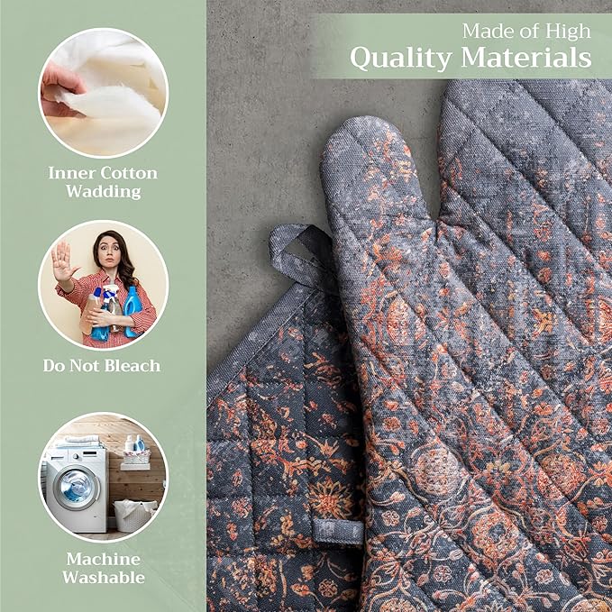 Maison d' Hermine 100% Cotton Oven Mitt & Pot Holder Set (7.5"x13" & 8"x8") Heat Resistant BBQ Cooking Gloves with Loop for Thanksgiving Christmas Decorations Handling Hot Pans (Imperfection)