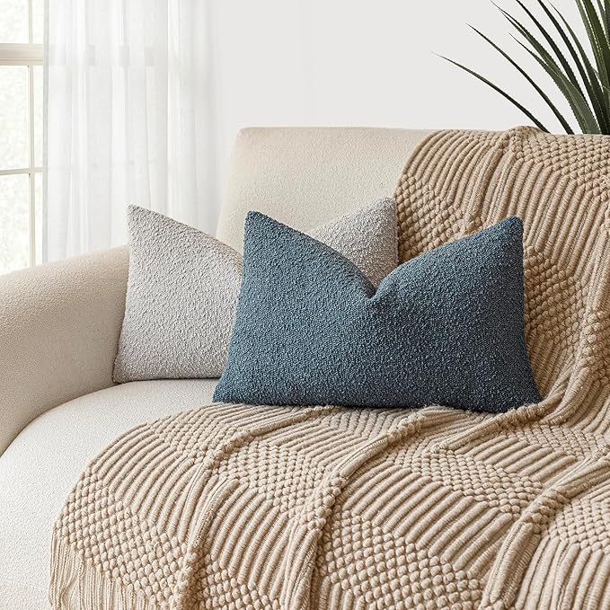 Foindtower Pack of 2 Modern Textured Boucle Throw Pillow Covers Accent Solid Decorative Lumbar Pillow Cases Cozy Couch Cushion Case for Chair Sofa Bedroom Living Room Home Decor, 12 x 20 Inch,Blue