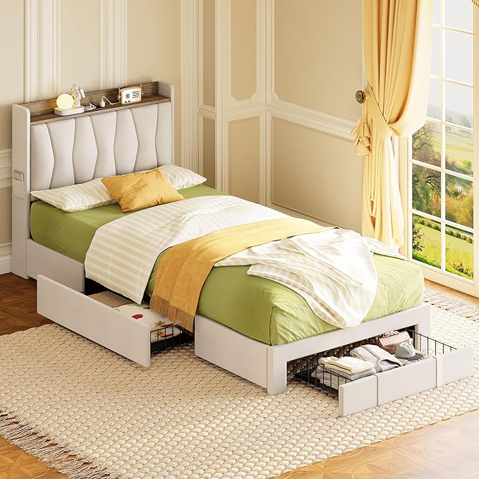ANCTOR Twin XL Bed Frame with 3 Drawers, Upholstered Platform Bed with Storage Headboard and Charging Station, No Box Spring Needed, Easy Assembly, Beige