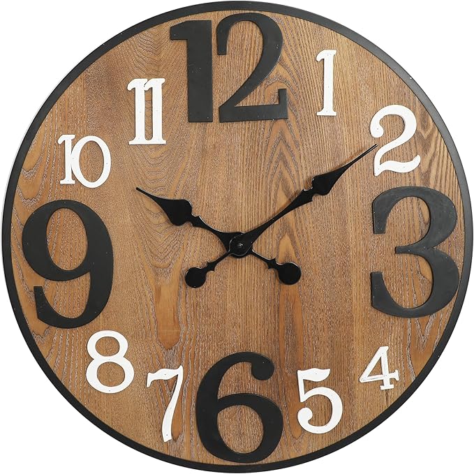 RiteSune 24 Inch Wood Wall Clock, Modern Large Numerals Battery Operated Quartz Movement, Black Metal Frame Decor Clock for Living Room Office Kitchen Bedroom, Entryway, Home, Office