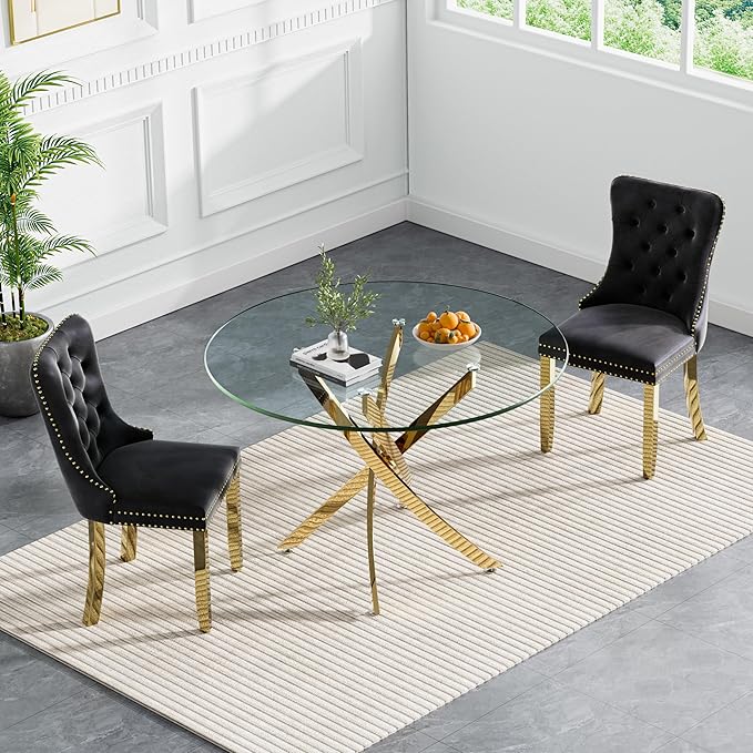 Goujxcy 3 Piece Round Glass Dining Table Set for 2, 36" Round Dining Table & Chair Set Modern Circle Glass Kitchen Table and 2 Velvet Upholstered Chairs for Kitchen Dining (Gold Table & Black Chair)