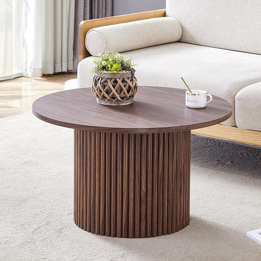 WILLIAMSPACE 27.5" Round Coffee Table with Ylindrical Leg, Modern Farmhouse Wood Circlar Center Table Accent Side End Table for Living Room Apartment, Walnut