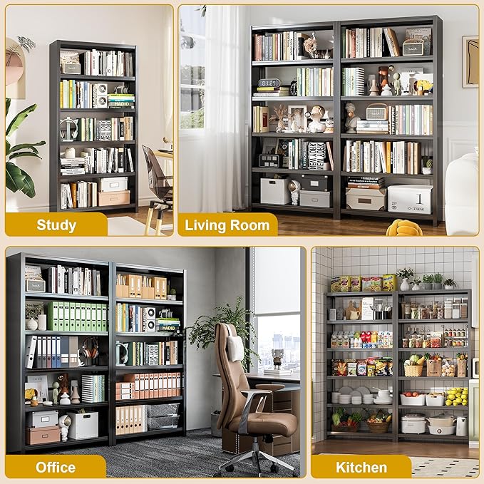 69.3" Tall Bookcase, Metal Bookshelf, Black 5-Tier Bookshelves and Bookcases, Heavy Duty Industrial Storage Shelves for Living Room, Office, Study, Home Library & Kitchen