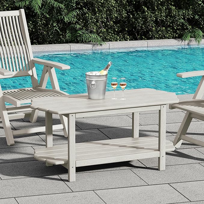 2 Tier Patio Table-White Outdoor Coffee Table Adirondack Balcony Table for Garden Pool