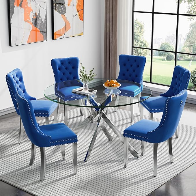 Goujxcy Round Dining Table Set for 6, Modern Glass Kitchen Table and Chairs Set of 6, 7-Piece Dining Room Table Set w/47 Circle Silver Glass Dining Table and 6 Upholstered Velvet Chairs