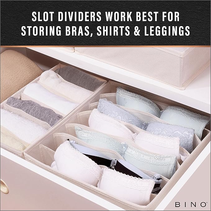 BINO 4-Pack Underwear Drawer Organizer - Beige | Sock Organizer | Drawer Organizer Dresser | Interior Drawer Organizer Storage | Dividers Dresser Drawers | Undergarment Scarf Tie Drawer Organizer