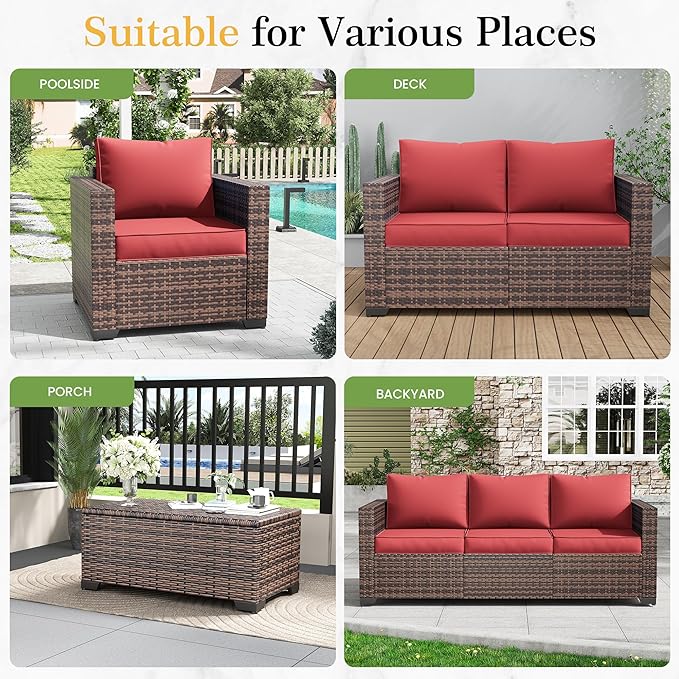 Amopatio Wicker Outdoor Sofa & Patio Couch Set - High Back Waterproof Patio Furniture Single Armrest Chair with Non-Slip Cushions, Outdoor Furniture Cover,Burgundy