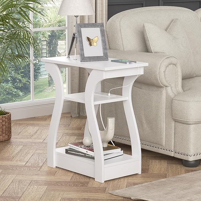 End Table with Charging Station, Side Table with USB Ports and Outlets, 3 Tier Nightstand Sofa Table for Small Spaces, Beside Table with Storage Shelf for Living Room, Bedroom