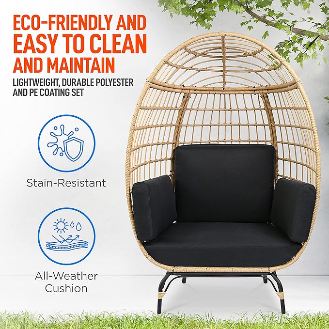 SereneLife Indoor/Outdoor Wicker Rattan Egg Chair with Cushions, Patio Hanging Egg Chair with Steel Frame, Washable Pillows, for Porch, Deck, Garden or Bedroom, 440 lbs. Capacity