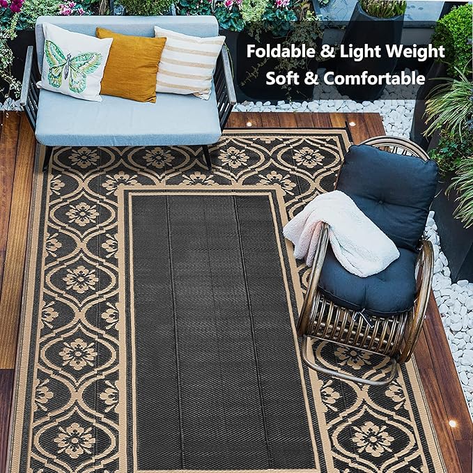 Outdoor Rug 8x10 Patio Waterproof Mat Camping Carpet Outside Area Rug Reversible Brown Rugs for RV Deck Entryance Porch Picnic Balcony Beach