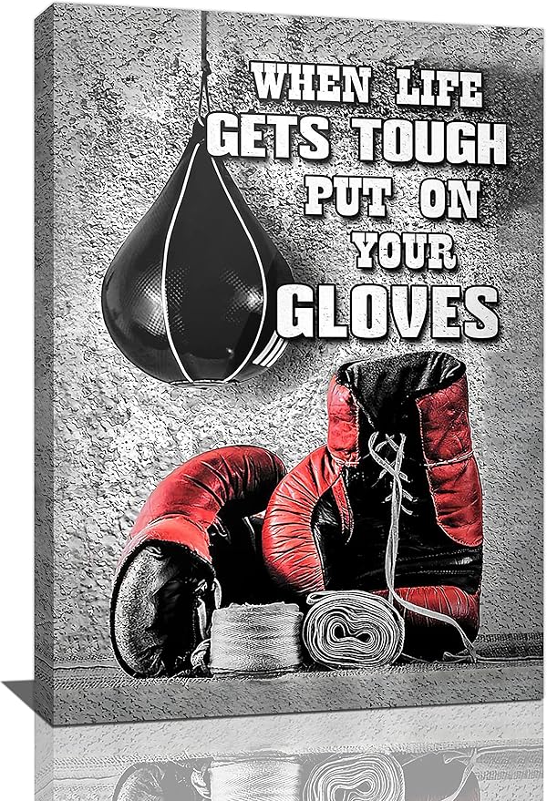Boxing Posters Wall Art Red Boxing Gloves Pictures Wall Decor Black And White Inspirational Quotes Canvas Prints Painting Artwork Sports Canvas Home Decorations For Teen Boys Room Dorm Bedroom 16"x24"