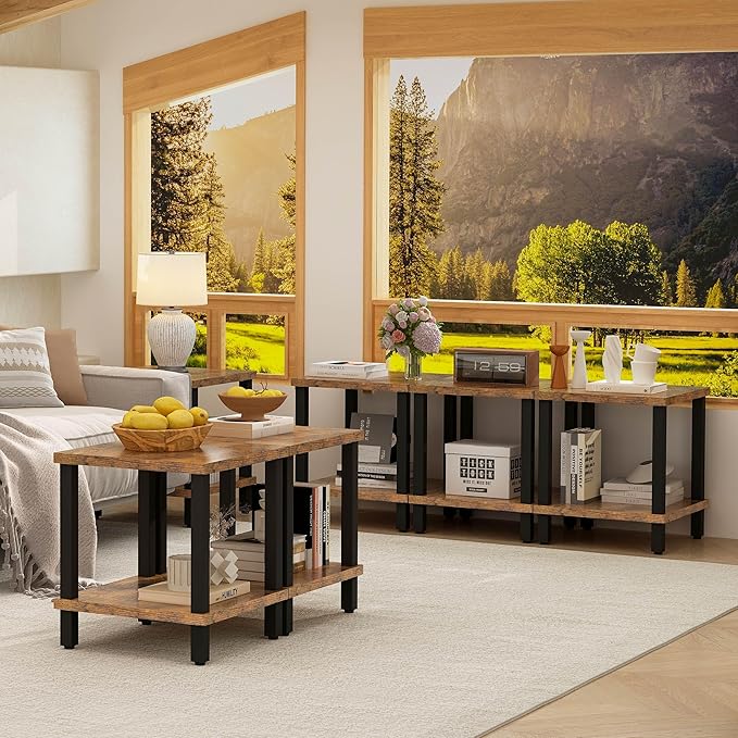 Large End Table Square Side Table with Charging Station Modern Sofa Table 20 Inch Industrial Coffee Table NightStand with 2-Tier Storage Shelf for Living Room Bedroom Rustic Brown MLBZ06RE