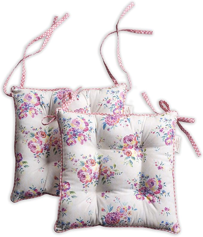 Maison d' Hermine Chair Pads for Dining Chairs Cotton Outer Fabric and Poly Filling 16"x16" Patio Seat Cushions for Furniture with Ties Home Chair Party Hall Farmhouse (Rose Garden, Pack of 2)