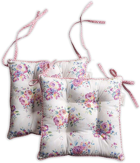 Maison d' Hermine Chair Pads for Dining Chairs Cotton Outer Fabric and Poly Filling 16"x16" Patio Seat Cushions for Furniture with Ties Home Chair Party Hall Farmhouse (Rose Garden, Pack of 2)