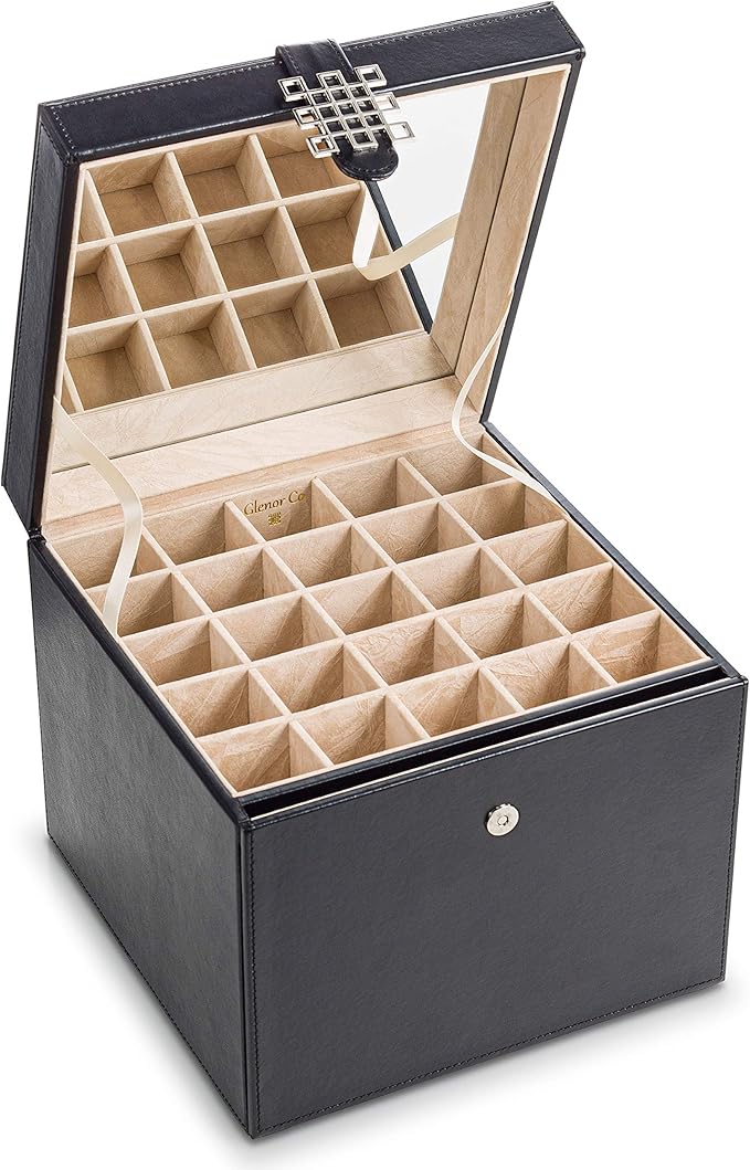 Earring Organizer Holder - 75 Small & 4 Large Slots Classic Jewelry Box with Drawer & Modern Closure, Mirror, 4 Trays Earrings, Ring or Chain Storage - PU Leather Case - Black