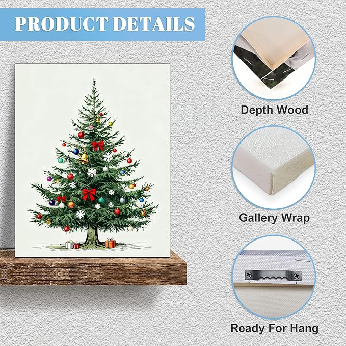 Framed Christmas Pictures Wall Decor,Vintage Pine Tree Prints,Winter Christmas Canvas Wall Art Decoration for Bedroom Bathroom Living Room Rustic Xmas Holiday Gifts (Christmas Tree 8, 16'' X 20'')