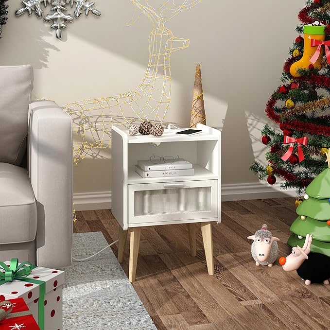 Nightstand with Charging Station, Bedside Tables, End Table Side Table with 2 Tiers Storage Space, for Bedroom, Living Room, White MLBZ07WE-2