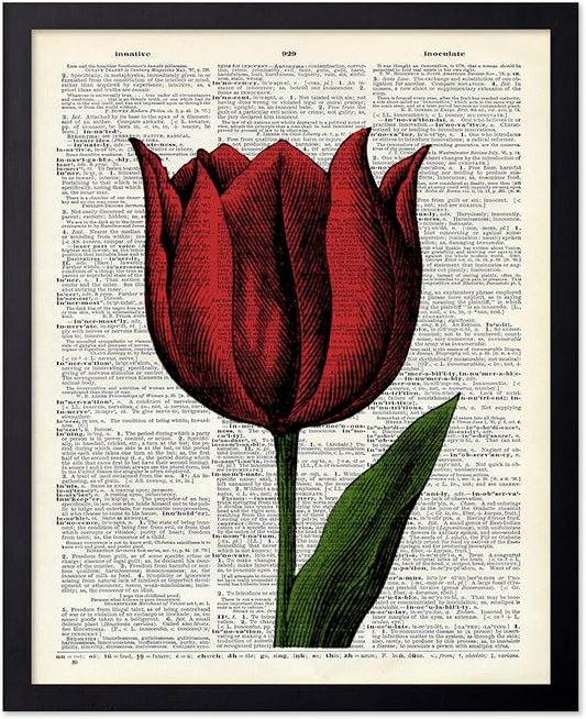 Poster Master Dictionary Art Poster - Tulip Print - Red Flower Art - Floral Art - Gift for Men, Women & Florist - Minimal Decor for Living Room, Bedroom, Dorm or Flower Shop, 8x10 Black Framed