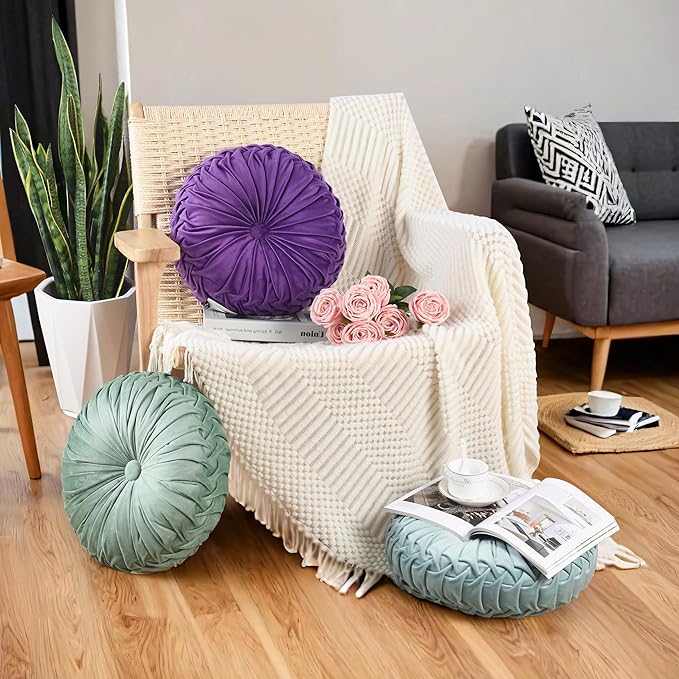 HIG Set of 2 Decorative Round Pleated Throw Pillows, Classy Accent Pumpkin Throw Pillows with Center Button, Vintage Velvet Floor Pillows for Sofa Vanity Chair Bed, Purple, 14.5" Diameter(Ripple)