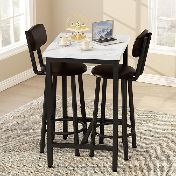 Dining Table Set, 23.6” Square Faux Marble Table with 2 PU Upholstered Backrest Chairs, 3-Piece Kitchen Dining Room Set for Small Spaces, Kitchen, Restaurant Furniture, White