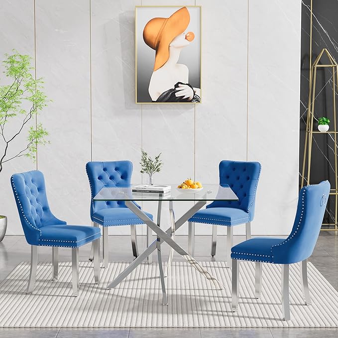 Goujxcy Glass Dining Table Set for 4, Modern Kitchen Table and Chairs Set of 4, 5-Piece Kitchen Dining Room Table Set w/36 Square Silver Glass Dining Table and 4 Blue Velvet Upholstered Chairs