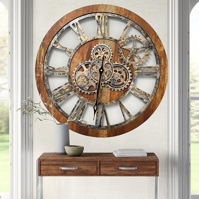 The Gears Clock The Original Real Moving Gear Wall Clock Vintage Industrial Oversized Rustic Farmhouse (24 inch (60cm), Vintage Brown)