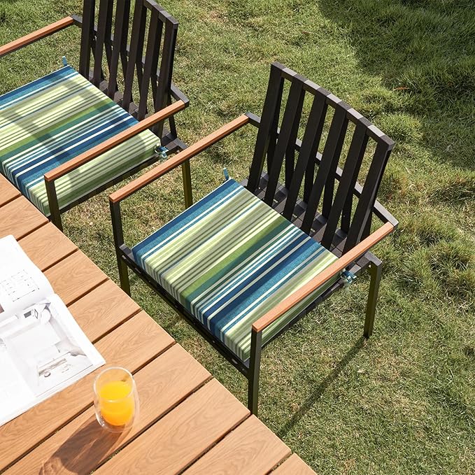 Set of 4 Outdoor Square Chair Cushions 18.5"x16"x2" for Patio, Water Resistant Patio Dining Seat Pads Replacement for Kitchen Garden and Outdoor Furniture Decoration - Stripe Blue Green